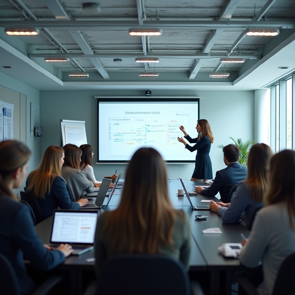 Training corporativ în sala de conferință a companiei